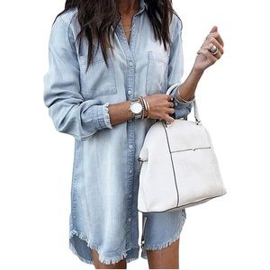 Women Denim Shirt Dresses Long Sleeve Distressed Jean - only worn once